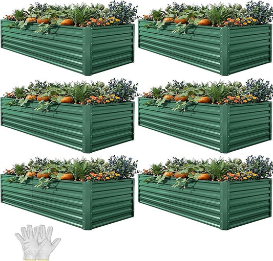 YITAHOME 6pcs 6x3x2 ft Galvanized Raised Garden Bed Kit, Large Metal Planter Box with Gloves & Support Rod, Outdoor Flower Bed for Plants Vegetables, Green