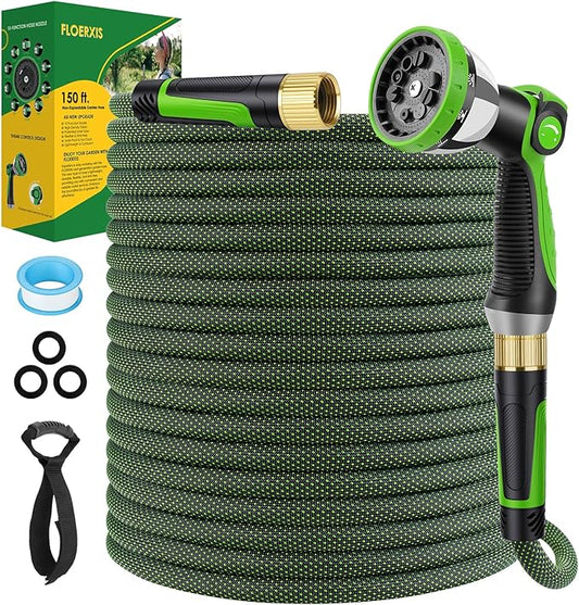 Non-Expandable Garden Hose 150 FT, Lightweight Hose with 10 Function Spray Nozzle, Kink-Free Flexible Water Hose, Durable, Leak-Proof, 360° Swivel Connectors, Portable Storage Strap
