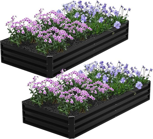 2PCS 8x4x1FT Galvanized Raised Garden Bed,Planter Raised Beds-Metal Garden Box,Large Plant for Outdoor Planting, Vegetables Bed，Flower,herb-Black