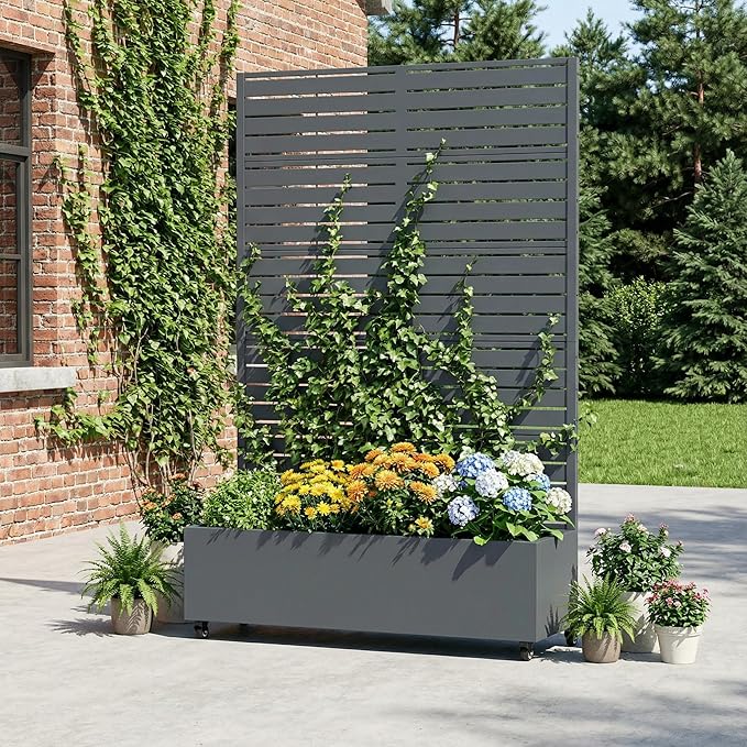 Casaphoria Metal Raised Garden Bed with Trellis and Wheels, 72"x47"x16" Planter Box for Climbing Plants, Vegetables & Vines, Features Drainage Holes and Privacy Screen, Drakgrey-Louvered