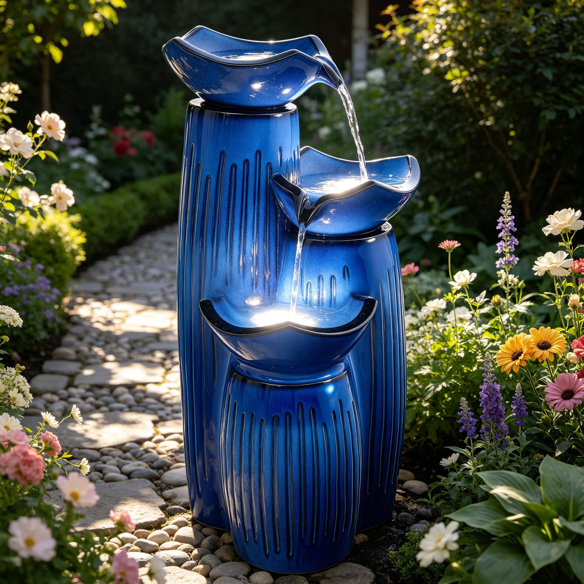 Autodaya 30" H Modern Ceramic Outdoor Water Fountain (Cobalt Blue Fluted-30"h)
