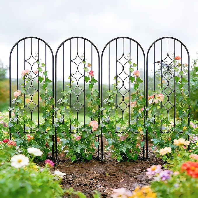 4 Pack Arched Metal Garden Trellis for Climbing Plants 45" H x 15.9" W, Rustproof Iron Trellis with Decorative Scrollwork, Perfect for Roses, Vines, and Flower Beds