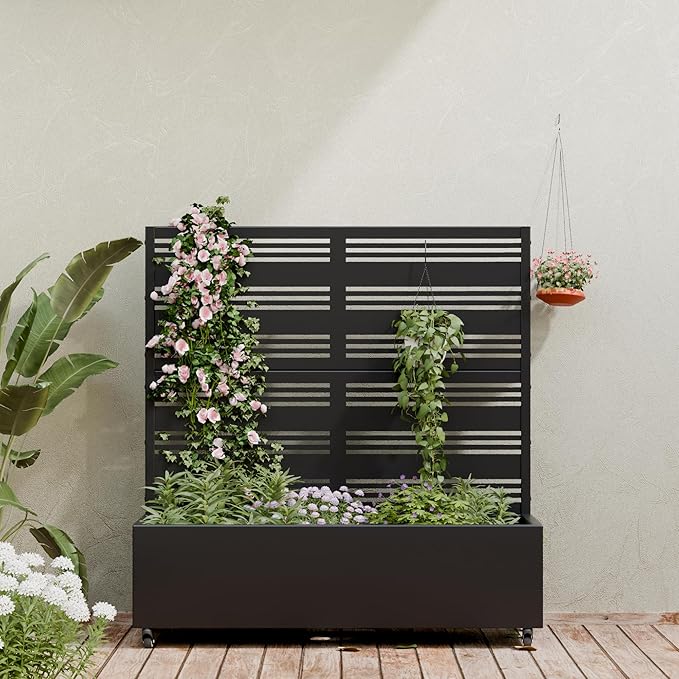 Casaphoria Metal Raised Garden Bed with Trellis and Wheels, 47"x47"x16" Planter Box for Climbing Plants, Vegetables & Vines, Features Drainage Holes and Privacy Screen (Black-Harold)