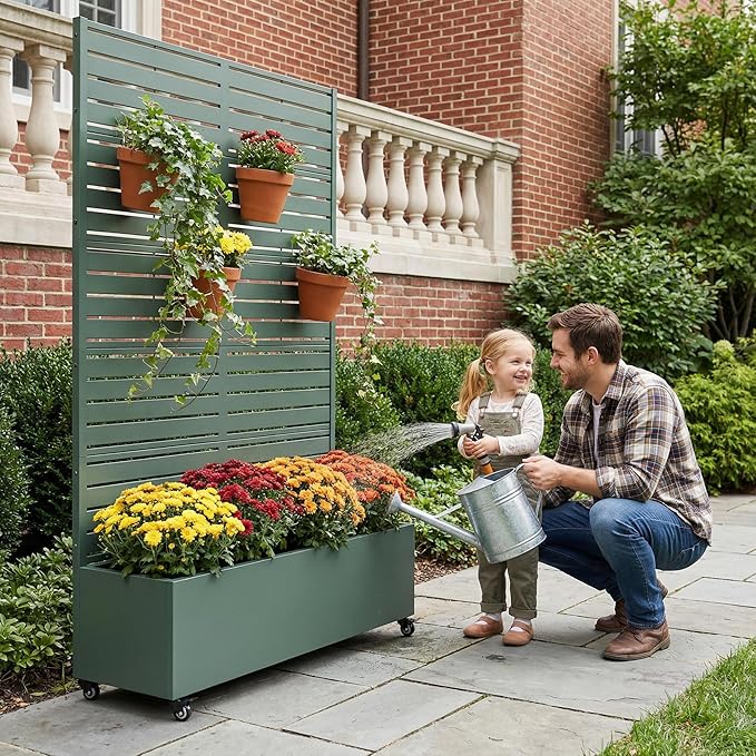 Casaphoria Metal Raised Garden Bed with Trellis and Wheels, 72"x47"x16" Planter Box for Climbing Plants, Vegetables & Vines, Features Drainage Holes and Privacy Screen, Drak Green-Louvered