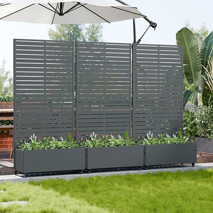 Casaphoria Metal Raised Garden Bed with Trellis and Wheels, 72"x35"x16" Planter Box for Climbing Plants, Vegetables & Vines, Features Drainage Holes and Privacy Screen, Drakgrey-Louvered