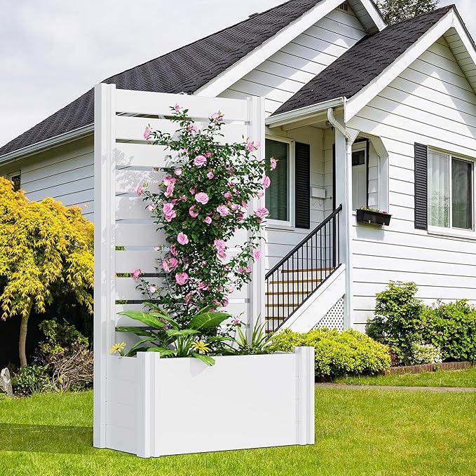 Casaphoria Raised Garden Bed with Trellis, 59"x30"x12" Planter Box with Open Bottom for Gardening Vegetables & Vines and Climbing Plants, White
