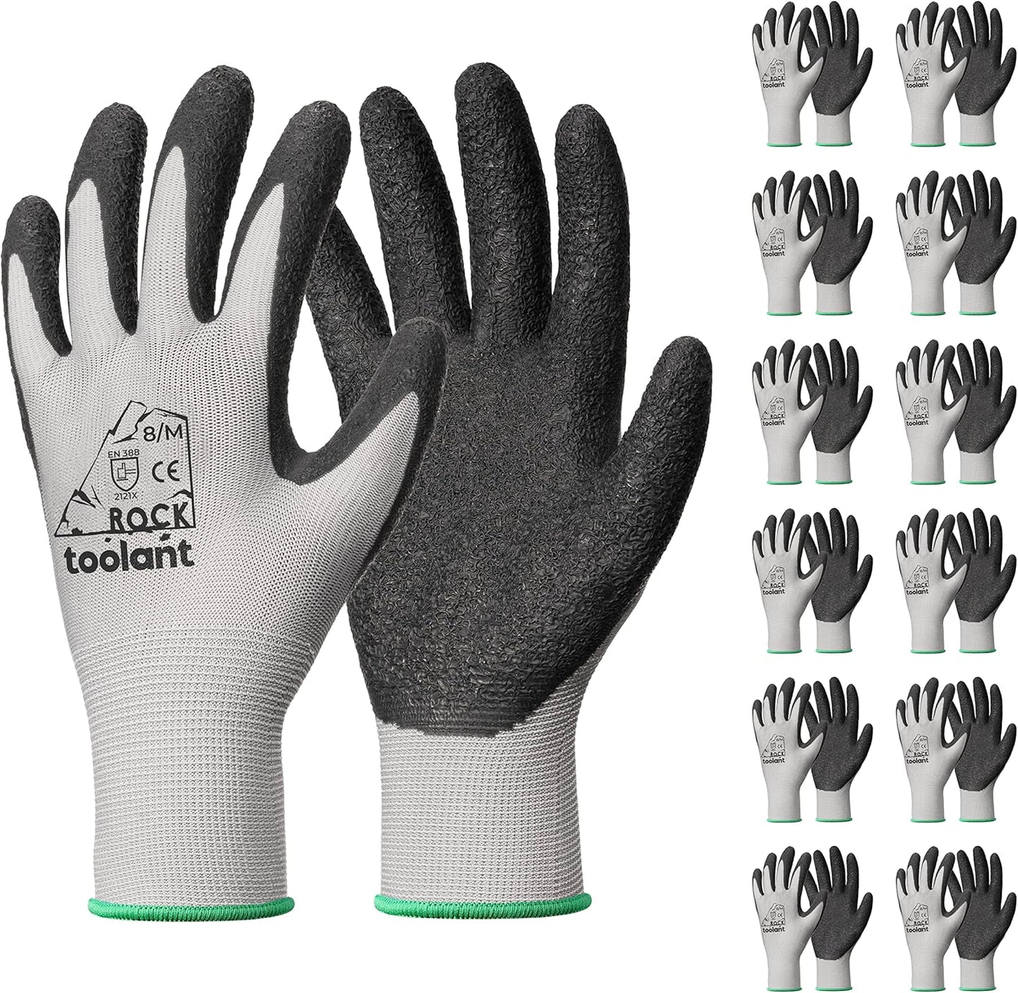 toolant Crinkle Latex Work Gloves Bulk, Rubber Coated Safety Work Gloves for Men and Women, 12 Pairs for Construction, Gardening, Warehouse (Gray, Medium)