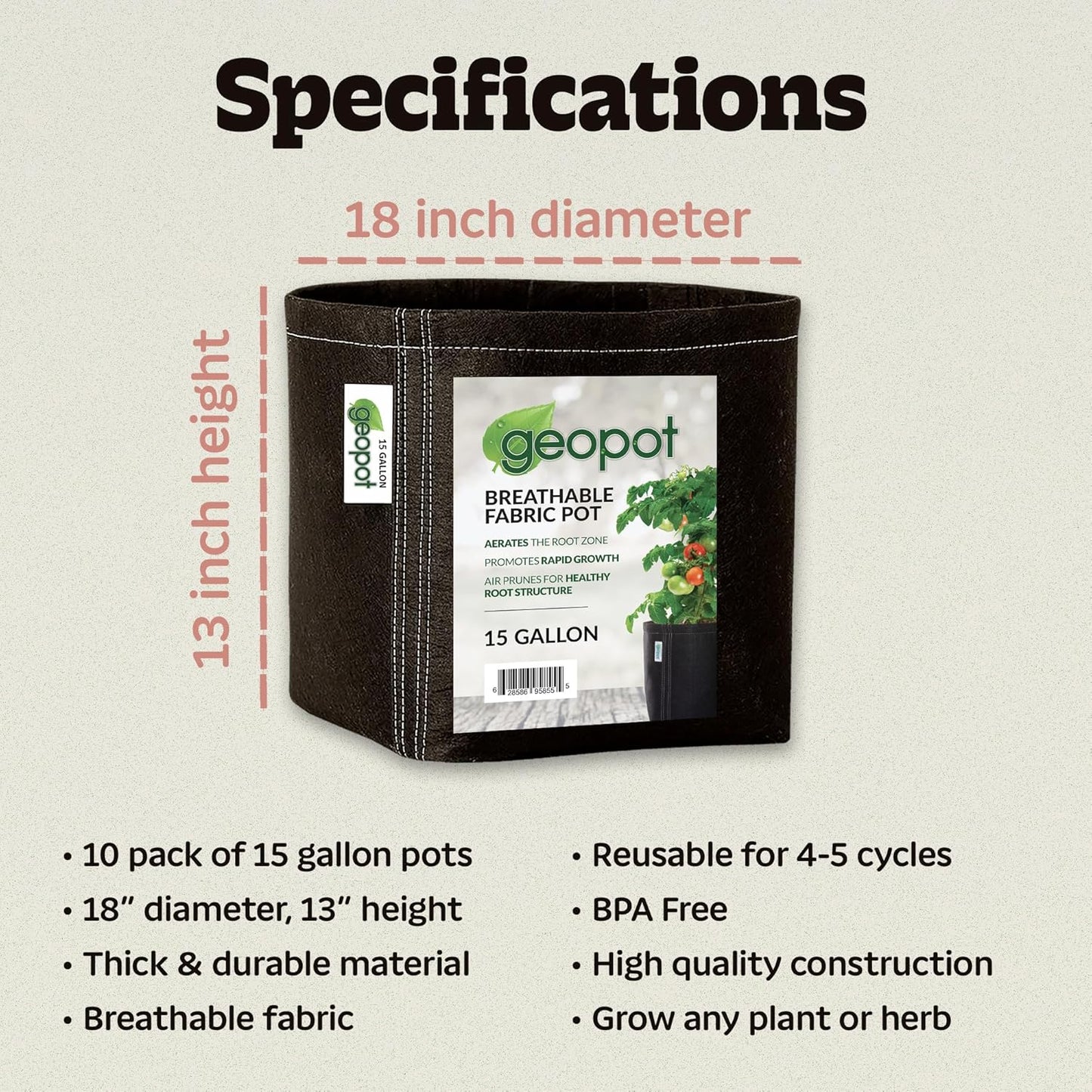 15 Gallon Fabric Grow Bags for Vegetables, Houseplants, Herbs & Flowers | 5-Pack | Aerated Fabric Pots for Outdoors and Indoors