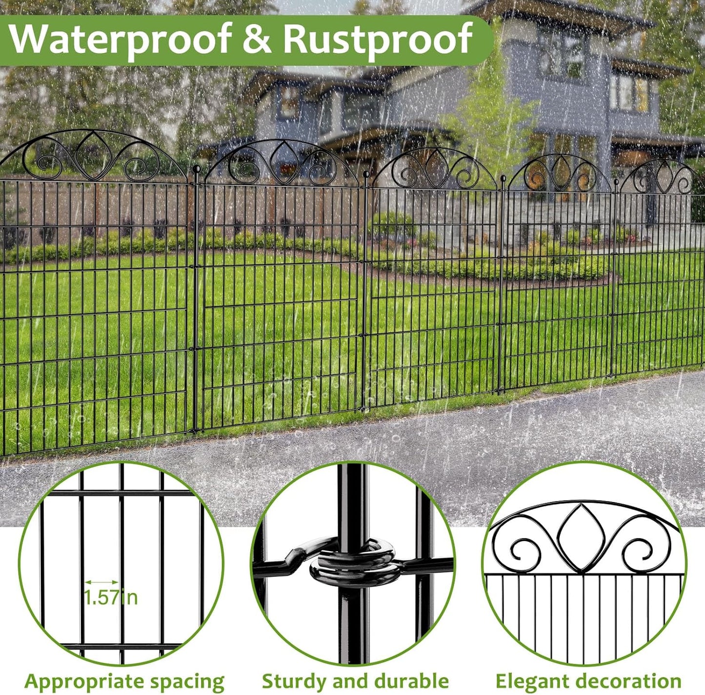 10 Panels No Dig Tall Garden Fence with Gate – 44" H X 23.6' L Rustproof Metal Dog Fence Outdoor for Yard, Decorative Animal Barrier Fence for Pet, Garden Border, Patio, Flower | Temporary Fencing