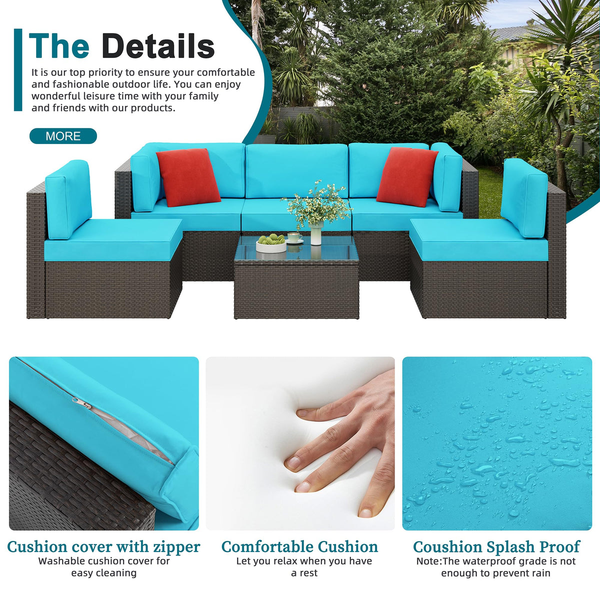 6 Pieces Patio Furniture Set Outdoor Couch Wicker Sectional Sofa (Blue / 6 pcs)