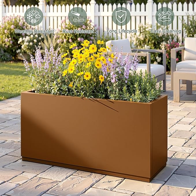 Large Metal Planter Box for Indoor & Outdoor Plants, Flowers, Rectangular Planters with Drainage Holes for Patio, Front Porch, All-Weather Use (32" L x 10" W x 16" H, Brown)