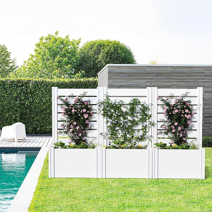 Casaphoria Raised Garden Bed with Trellis, 47"x24"x16" Planter Box with Open Bottom for Gardening Vegetables & Vines and Climbing Plants, White