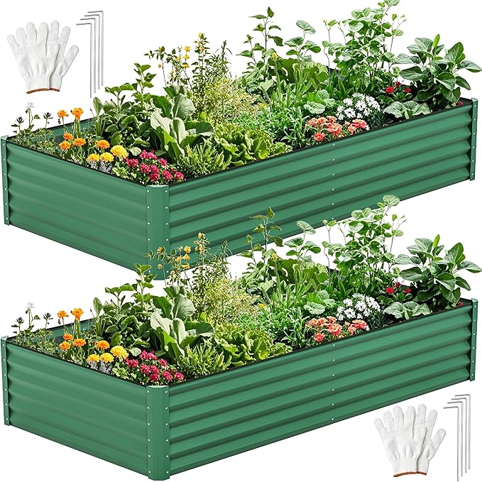 DWVO 2pcs 8 x 4 x 1.5 FT Raised Garden Bed Kit, Outdoor Galvanized Flower Bed with Safety Rubber and Gloves, Large Metal Planter Box for Vegetables, Flowers, Herbs, Fruits, Green