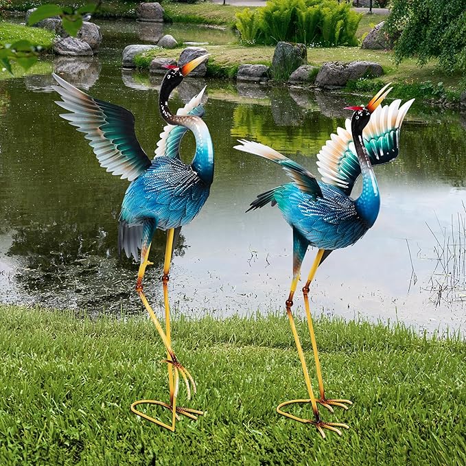 Garden Statues Large Metal Crane Sculptures, Outdoor Heron Metal Statue Yard Art for Garden Decor, Realistic Bird Art for Outdoor Decor, Standing Lifelike, Water&Rust-Proof, Set of 2 Sky Blue