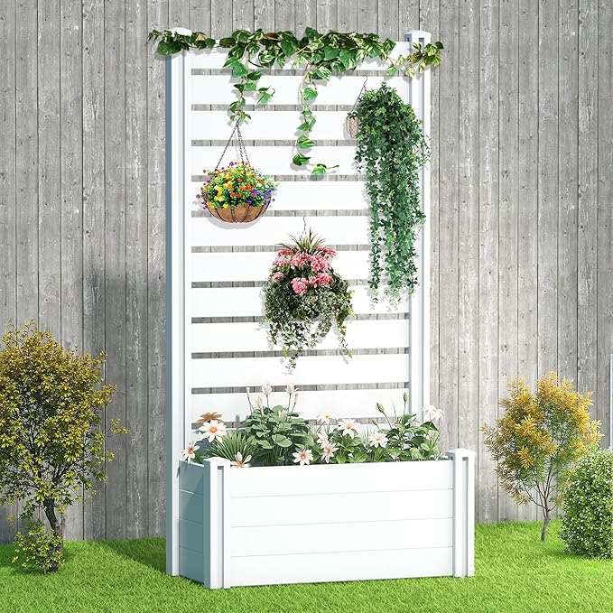Casaphoria Raised Garden Bed with Trellis, 73"x37"x18" Planter Box with Open Bottom for Gardening Vegetables & Vines and Climbing Plants, White