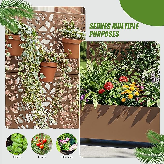 Casaphoria Metal Raised Garden Bed with Trellis and Wheels, 72"x35"x16" Planter Box for Climbing Plants, Vegetables & Vines, Features Drainage Holes and Privacy Screen, Brown-Net