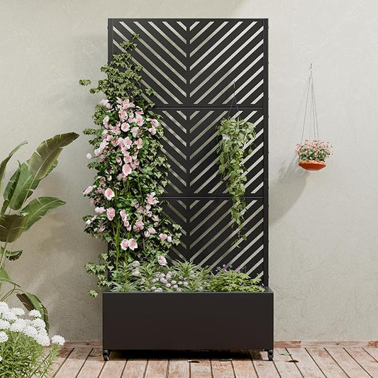 Casaphoria Metal Raised Garden Bed with Trellis and Wheels, 72"x35"x16" Planter Box for Climbing Plants, Vegetables & Vines, Features Drainage Holes and Privacy Screen, Black-Parallel