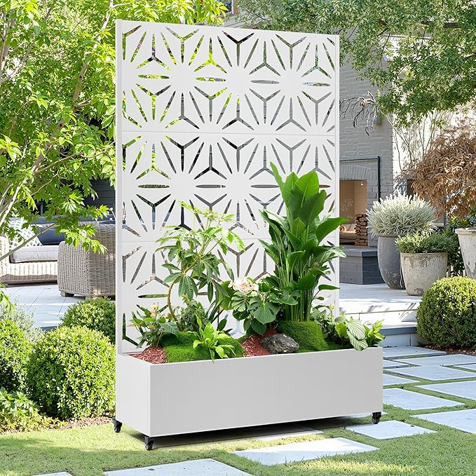 15.7"×70.9"×47.2" Metal Raised Garden Bed with Trellis and Wheels - Tall Trellis Planter Box for Climbing Plants, Vegetables & Vines - Outdoor Privacy Planters for Patio (White-Star)