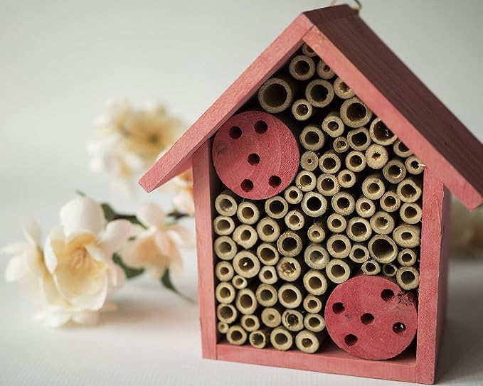 Cestari Mason Bee House Bamboo Tube Solitary Bee Hotel – 75 FSC‑Wood & Bamboo Tubes, 8 × 7.5 × 5 in, Rose Pink