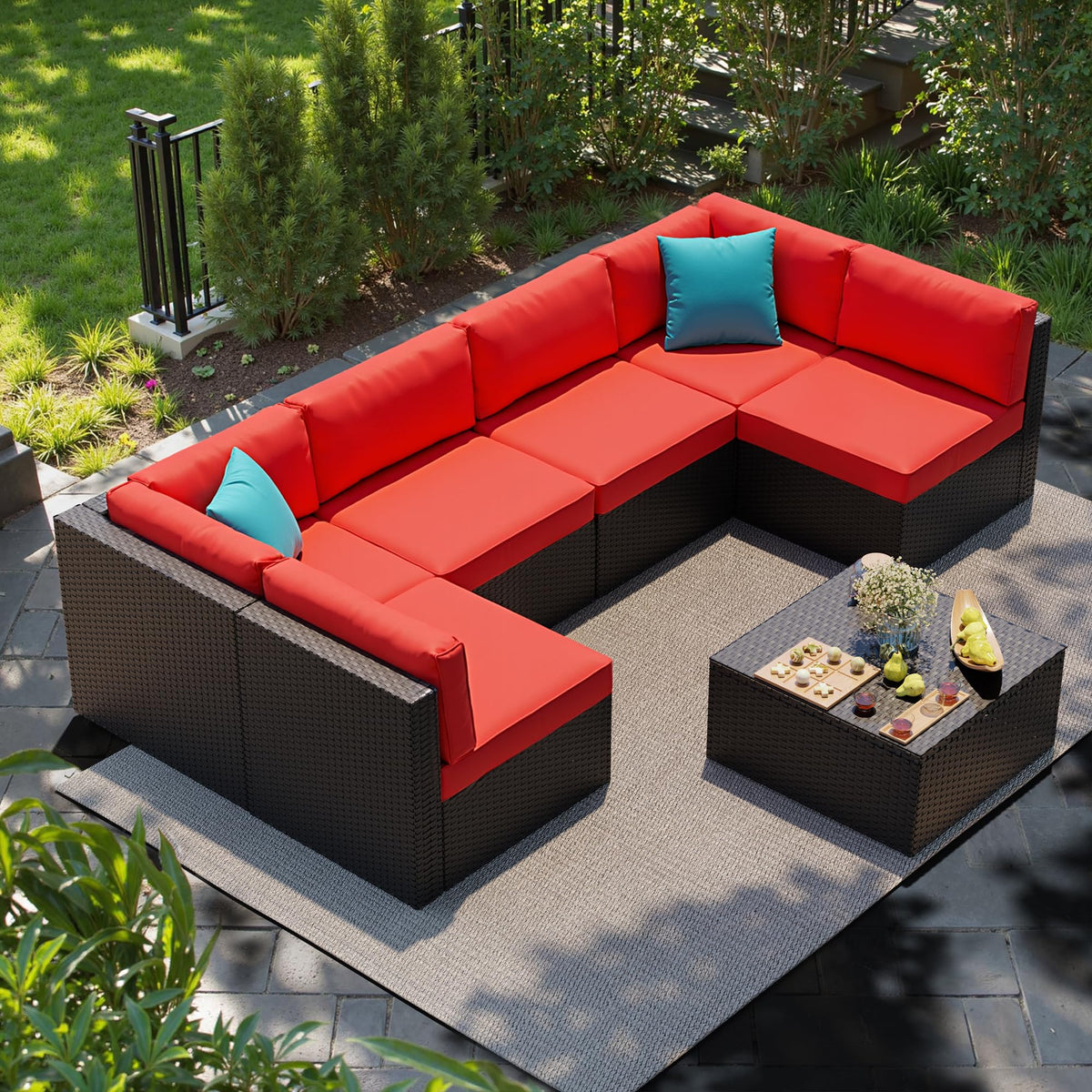 7 Pieces Patio Furniture Sets Outdoor All (Red / 7 pcs)