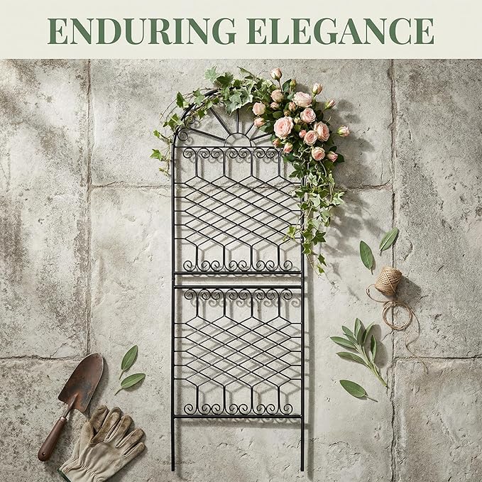 SCENDOR 70.8" H x 24.5" W Heavy-Duty Iron Garden Trellis, Arched Decorative Plant Support with Scrollwork, Rustproof Metal Trellis for Climbing Roses, Clematis, and Vines, for Lawn 1 Pack
