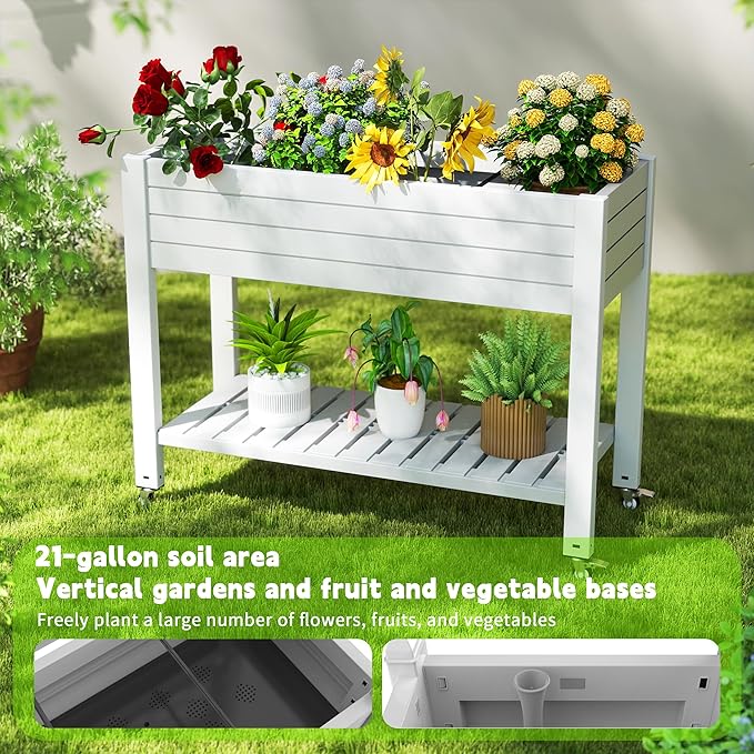 EasyUp Elevated Horticulture Raised Garden Bed with Legs, Divisible Raised Resin Planter Box for Backyard, Patio, Balcony, with 4 Legs, 4 Swivel Lockable Wheels, and Storage Shelf,Ashen