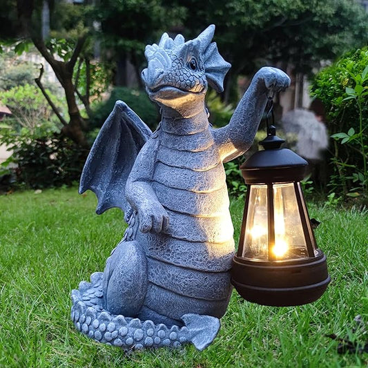 Solar Dragon Garden Statue Decoration with Solar Lantern,Dragon Figurine Lights Outdoor Décor for Yard，Lawn ,Patio, Balcony, Unique Housewarming Ornament