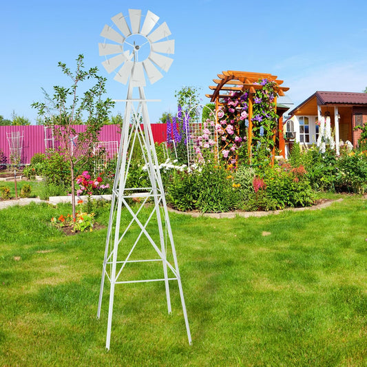 Garden Windmill for Yard Decor, 8 ft Tall Metal Windmill with Spinning Blades, Weather-Resistant Outdoor Windmill for Lawn, Farmhouse, Rustic & Farm Decor,White