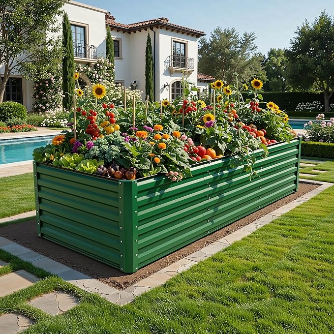 YITAHOME 8x4x2ft Large Raised Garden Bed Kit, Galvanized Metal Planter Box with Gloves, Ground Nails, Support Rod & Safety Rubber, Outdoor Above Ground Planters for Plants Vegetables Flowers, Green