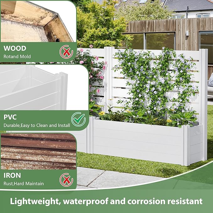 Casaphoria Raised Garden Bed with Trellis, 47"x47"x16" Planter Box with Open Bottom for Gardening Vegetables & Vines and Climbing Plants, White