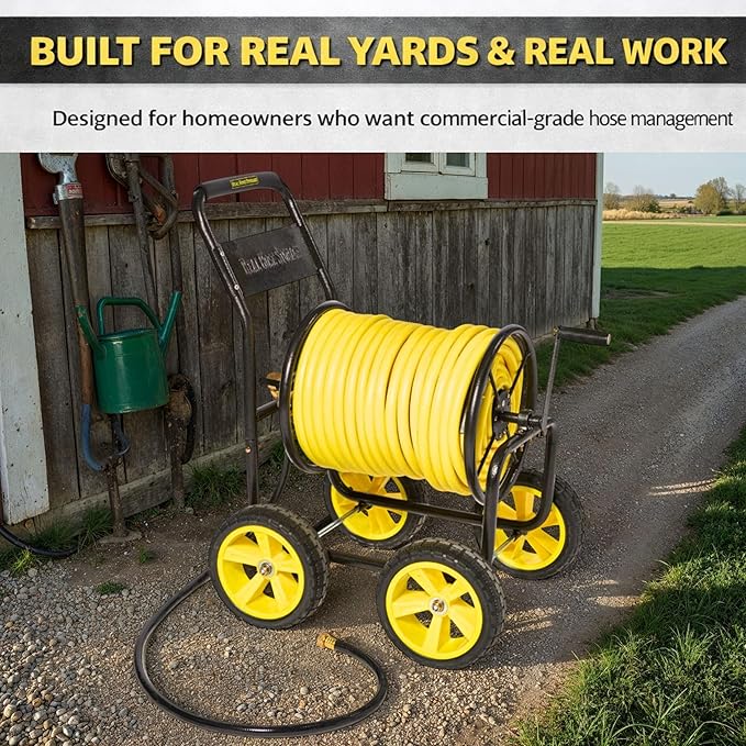 Garden Hose Reel Cart, Heavy Duty Hose Reel with Wheels, Outdoor Water Hose Reel for Backyard, Garden, or Lawn, Metal Hose Carts (250ft Hose Capacity)
