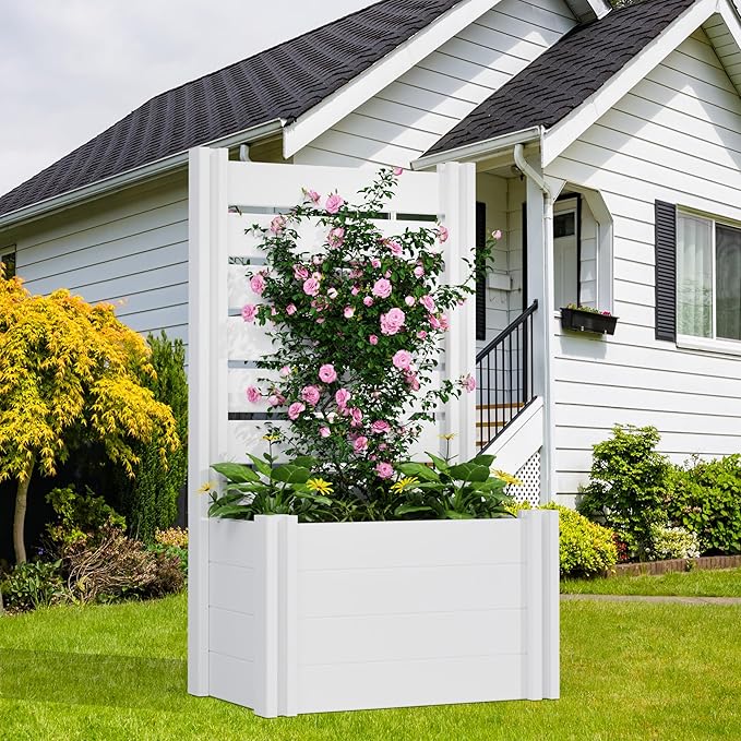 Casaphoria Raised Garden Bed with Trellis, 47"x24"x16" Planter Box with Open Bottom for Gardening Vegetables & Vines and Climbing Plants, White