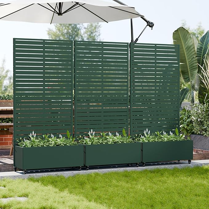 Casaphoria Metal Raised Garden Bed with Trellis and Wheels, 72"x35"x16" Planter Box for Climbing Plants, Vegetables & Vines, Features Drainage Holes and Privacy Screen, Drak Green-Louvered