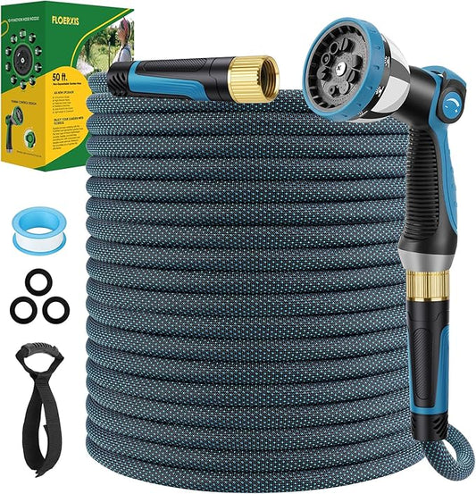 Non-Expandable Garden Hose 50 FT, Lightweight Hose with 10 Function Spray Nozzle, Kink-Free Flexible Water Hose, Durable, Leak-Proof, 360° Swivel Connectors, Portable Storage Strap