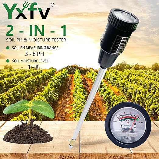 2-in-1 Soil PH Tester Gardening Tool, Soil Moisture & Light Meter with Long 11.6’’ Probe, No Battery Needed, for Garden, Lawn, Farm, Indoor & Outdoor Plants Care