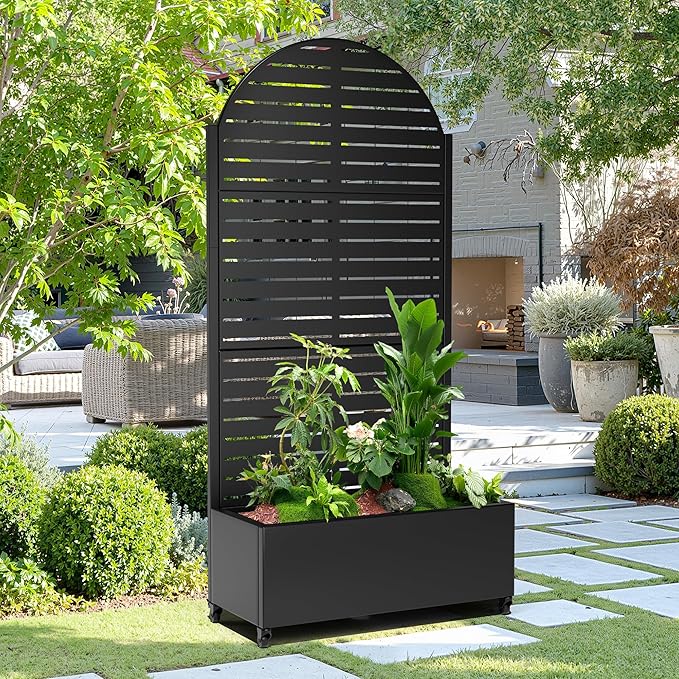 15.7"×70.9"×35.4" Metal Raised Garden Bed with Trellis and Wheels - Tall Trellis Planter Box for Climbing Plants, Vegetables & Vines - Outdoor Privacy Planters for Patio (Black-Louvered)