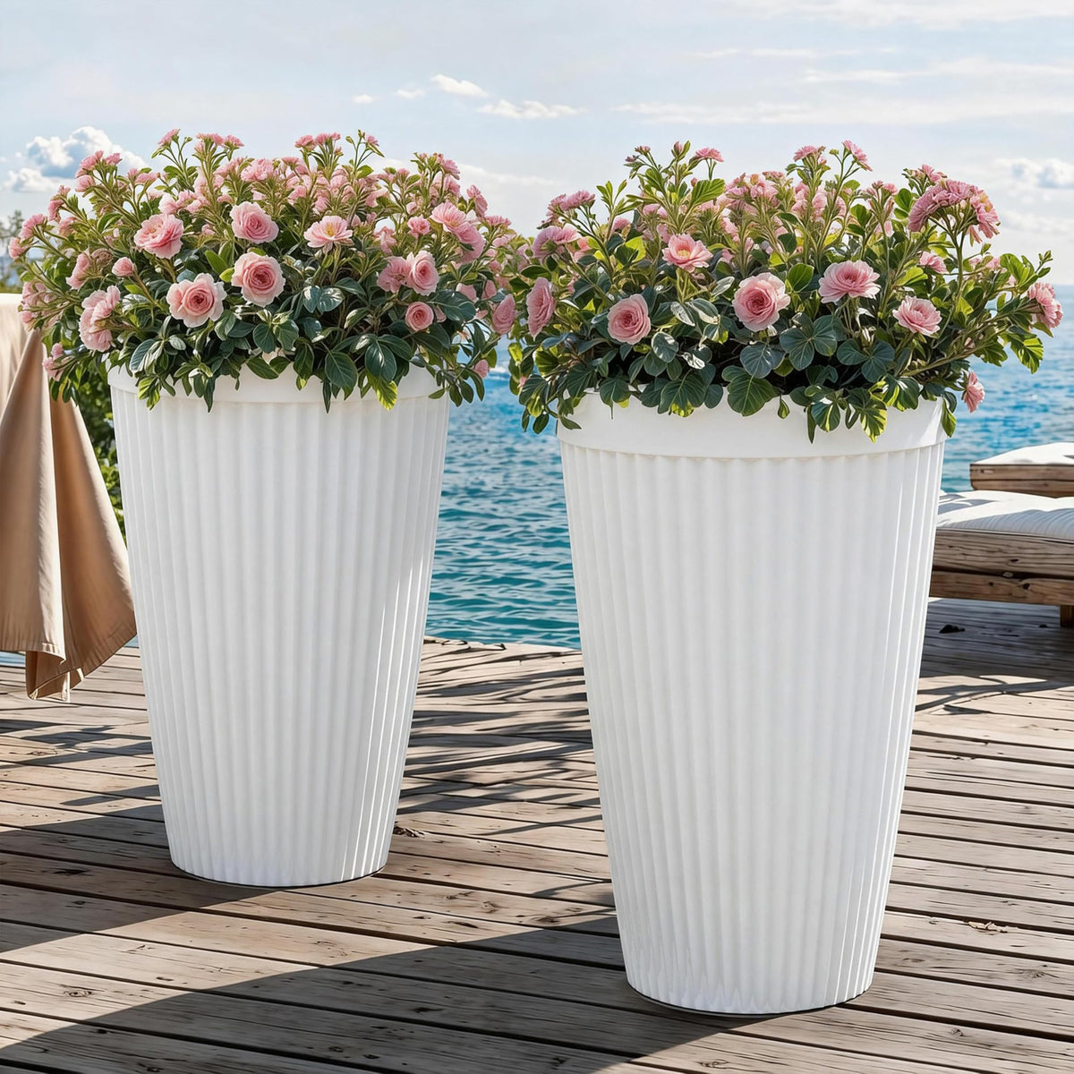 Autodaya 20" Tall Fluted Resin Planters Set of 2 with Drainage Holes (White Fluted-20"h)