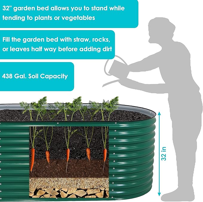 Sunnydaze 79-Inch Oval Raised Garden Bed - Stackable Steel Vegetable Flower Bed Planter Kit with Rubber Edge Trim - Green