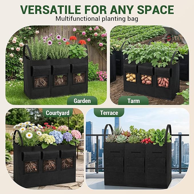 24 Gallon 2 Pack Potato Grow Bags with Visible Harvest Window & Handles, 3-Compartment Nonwoven Fabric Planters Grow Bags for Potatoes, Potato Planter for Growing Tomato, Vegetables, Flower