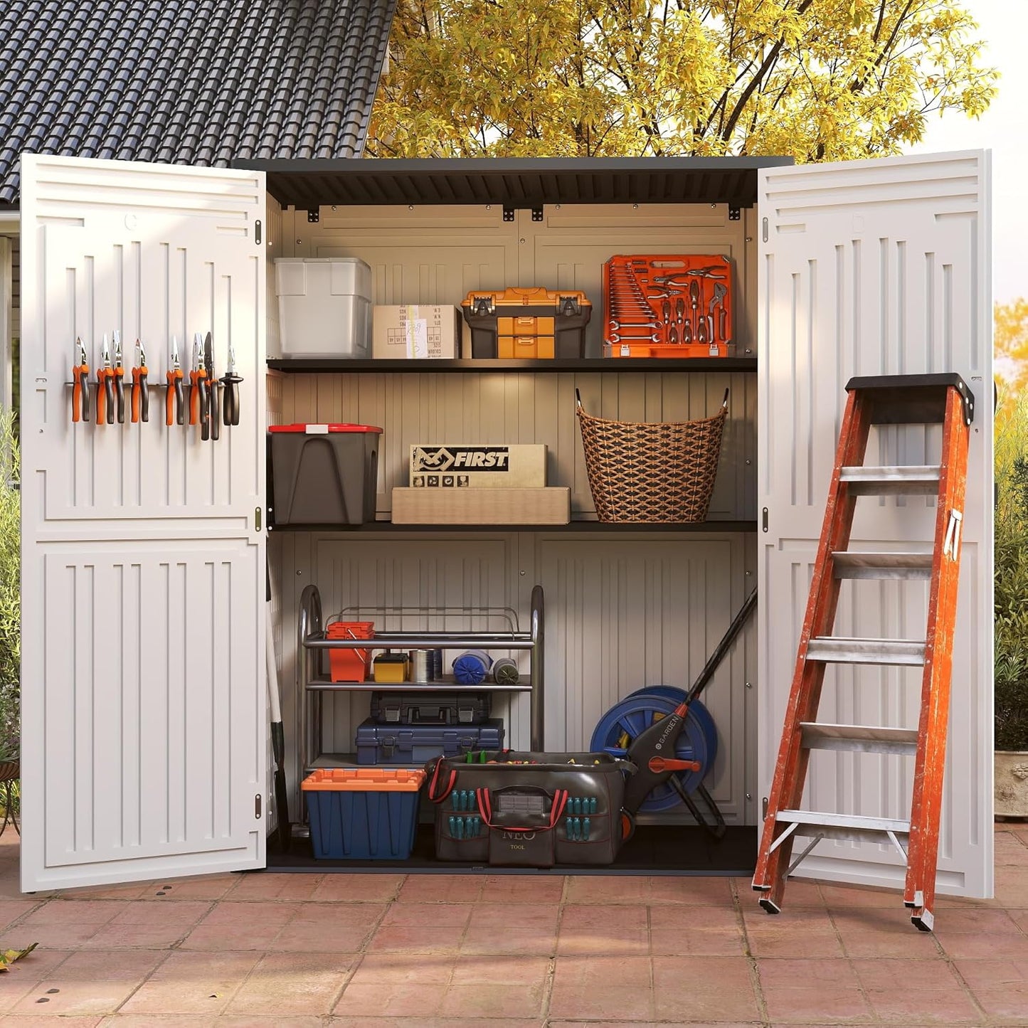 Vertical Resin Storage Shed with 2 Shelves, 60 Cuft Garden Tool Sheds & Outdoor Storage, Plastic Outdoor Storage Cabinet Waterproof, 4.5 x 2.3 ft Backyard Outside Lawn Mower Storage Shed, White
