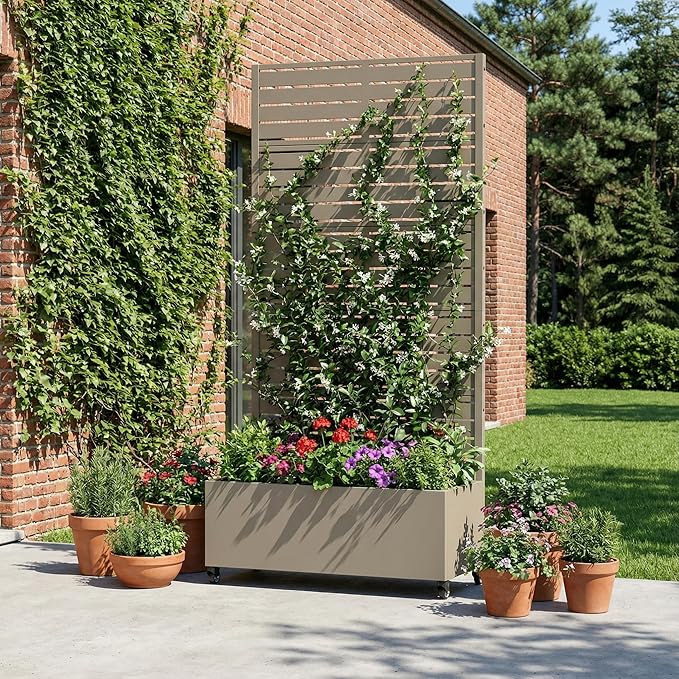 Casaphoria Metal Raised Garden Bed with Trellis and Wheels, 72"x35"x16" Planter Box for Climbing Plants, Vegetables & Vines, Features Drainage Holes and Privacy Screen, Green-Louvered
