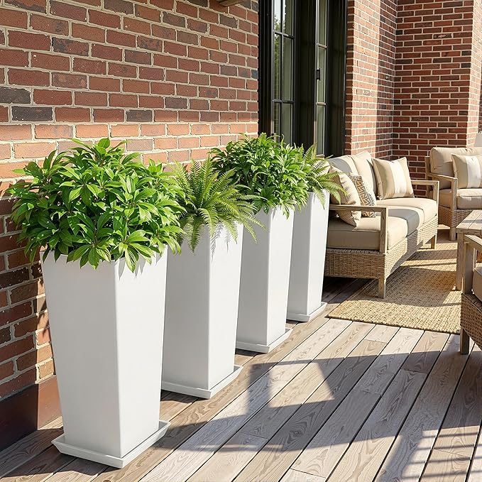 24" Tall White Planters for Outdoor Plants Set of 2, Large Flower Pots Planters with Drainage Holes & Tray, Modern Indoor Tapered Tall Planter for Front Porch