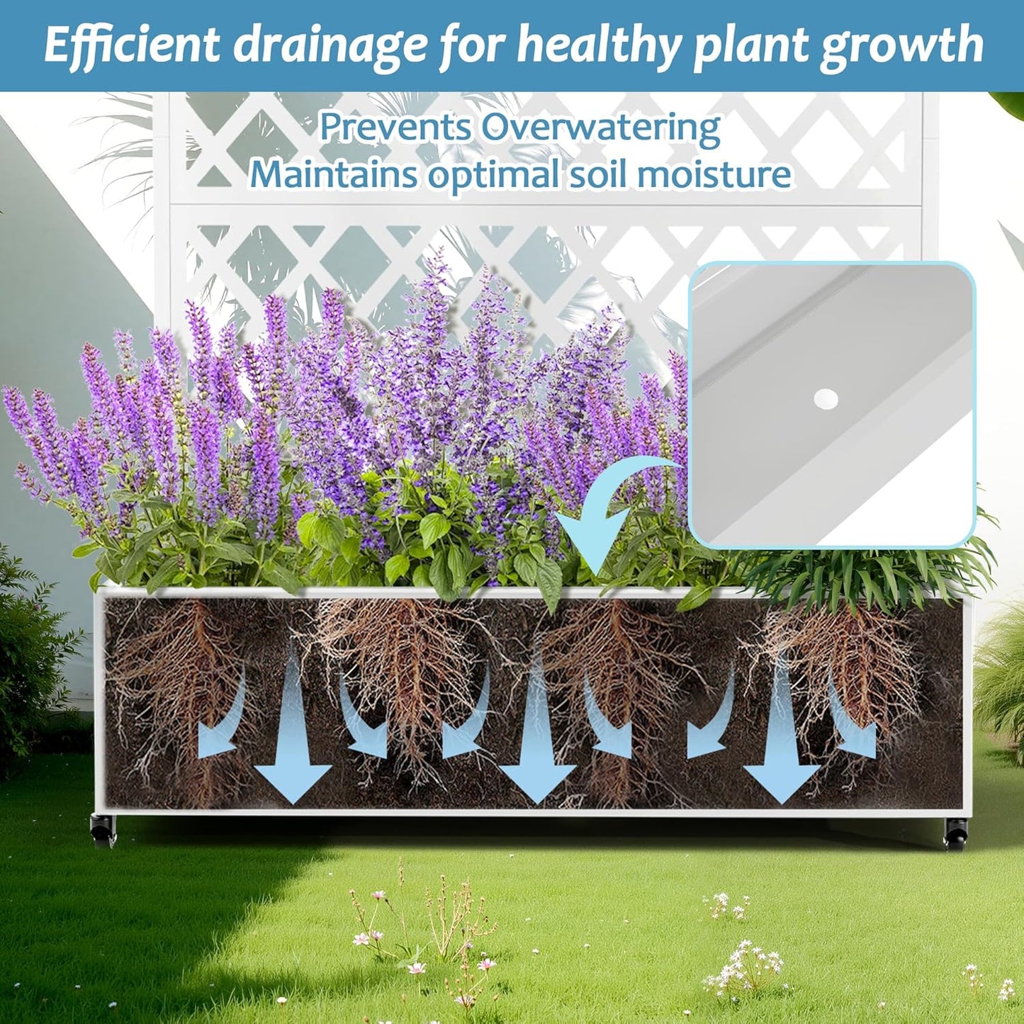 Metal Planter Box with Trellis & Wheels, Raised Garden Bed with Privacy Screen, Outdoor Standing Flower Beds with Drainage Hole for Climbing Plants, Vine, 35.4" L x 15.7" W x 70.9" H, White