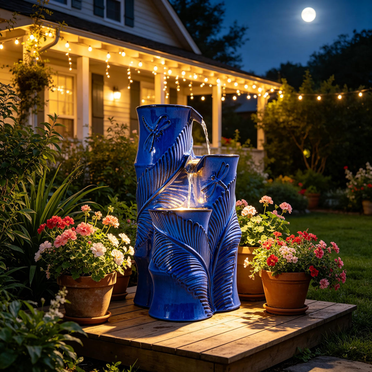 Autodaya 25" Tropical Outdoor Fountain (25.5"h Bamboo-style Cobalt Blue)