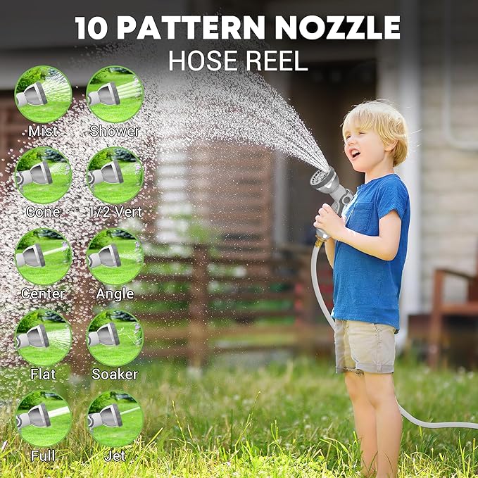 Retractable Garden Hose Reel, 1/2" x 100ft Wall Mount Heavy Duty Automatic Hose Reel with 10 Pattern Nozzle, Any Length Lock & Slow Return System, 180°Swivel Bracket Upgraded UV Resistant,Light Grey