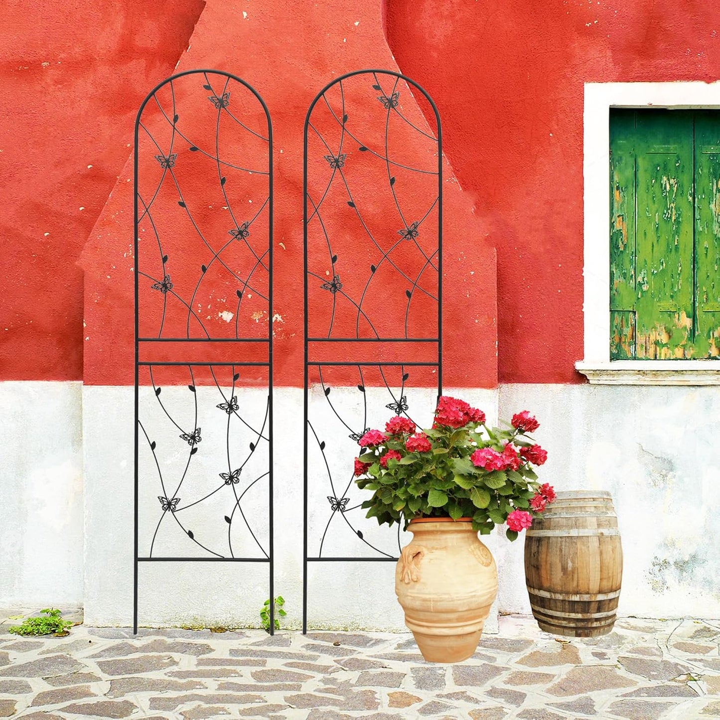 2 Pack Metal Garden Trellis for Climbing Plants, 86.7" Tall Rustproof Outdoor Trellis Panel with Butterfly Design, Decorative Black Iron Plant Support for Vine, Rose, Flower, Garden Wall