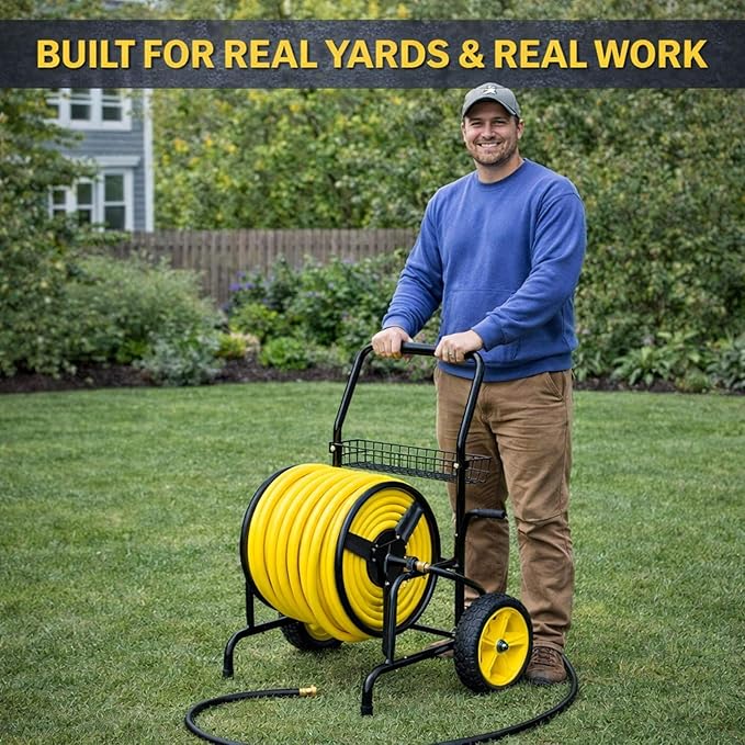 Hose Reel Cart, Hold Up to 300 ft of 5/8'', Garden Hose Cart with 2 Wheels, Heavy Duty Freestanding Water Hose Reels for Outside Garden Lawn Yard Outdoor (300ft Hose Capacity)
