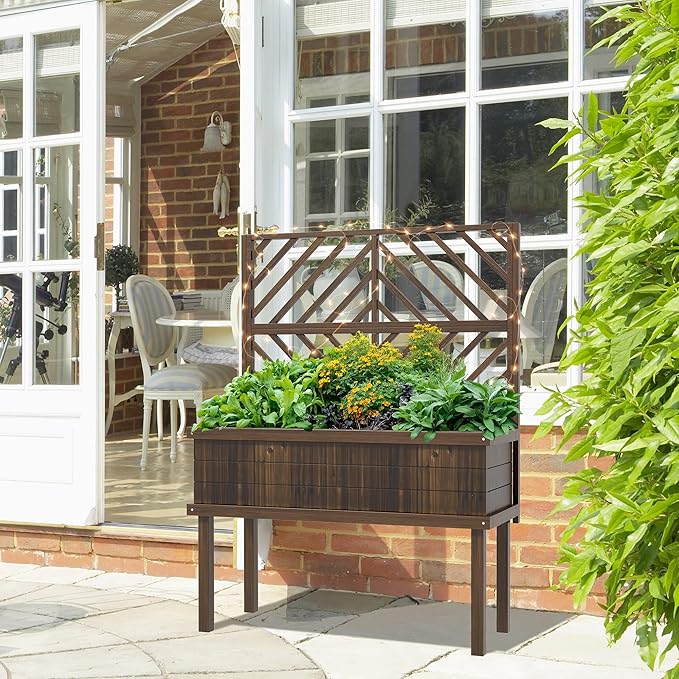 Outsunny Raised Garden Bed with Trellis for Climbing Plants, Vegetable, Grape Vines, Wood Planter with Legs, Drainage Holes and Filter for Outdoor Garden, Patio, Carbonized