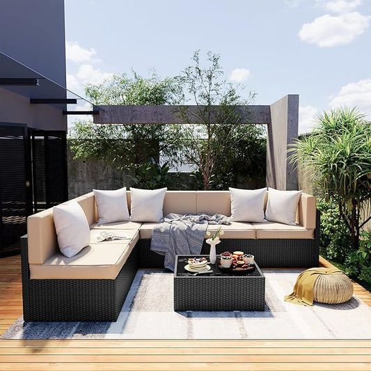 Pamapic 7 Pieces Outdoor Sectional Furniture，Wicker Patio sectional Furniture Sets，All-Weather Rattan Sectional Sofa Conversation Set with Coffee Table and Washable Couch Cushions Covers