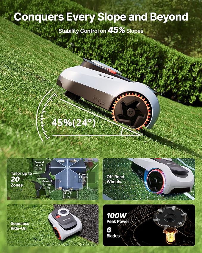 Segway Navimow i215 LiDAR Robot Lawn Mower, Wire Free Robotic Lawn Mower for 0.37 Acre, LiDAR & Vision Dual Fusion, Auto Mapping, Off-Road Wheels for 45% Slopes, Quiet 59 dB(A) Mowing